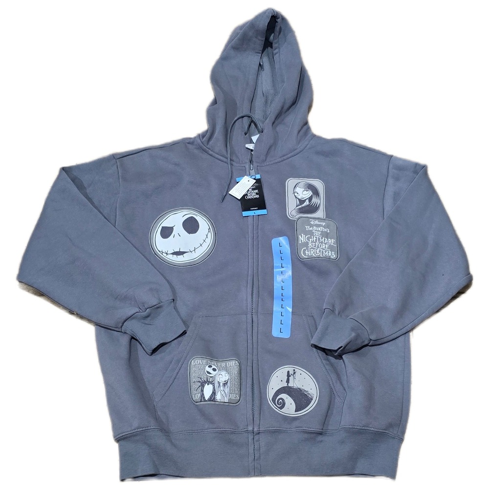 Disney Nightmare Before Christmas Jack Skellington Gray Zip‎ Hoodie Mens L NWT